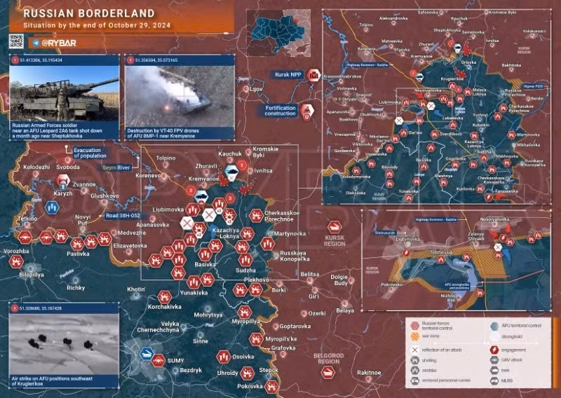 Bản đồ chiến sự Ukraine ngày 29/10, khu vực biên giới Kursk. (Ảnh: Rybar)