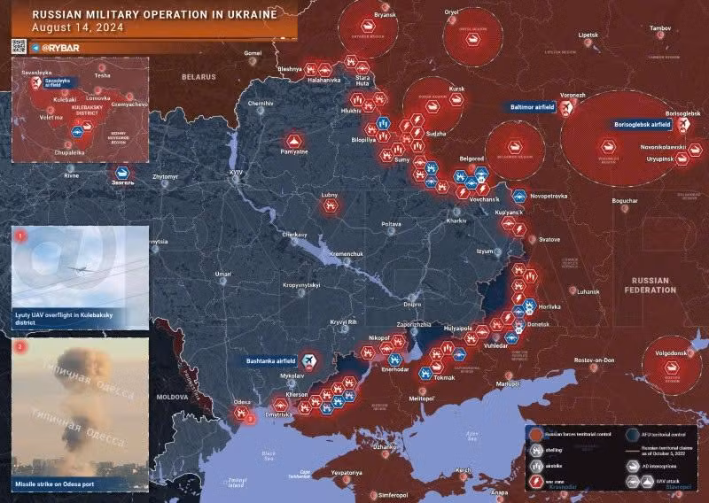 Bản đồ chiến sự Ukraine ngày 14/8. (Ảnh: Rybar)