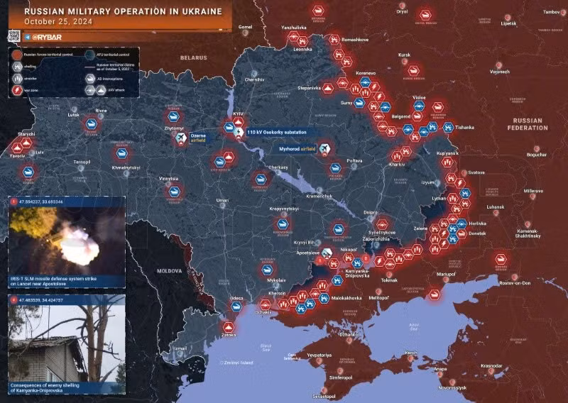 Bản đồ chiến sự Ukraine ngày 25/10. (Ảnh: Rybar)