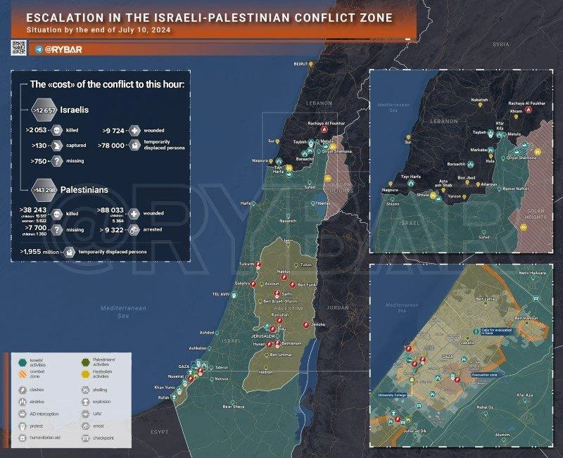 Bản đồ xung đột Israel - Hamas ngày 10/7. (Ảnh: Rybar)