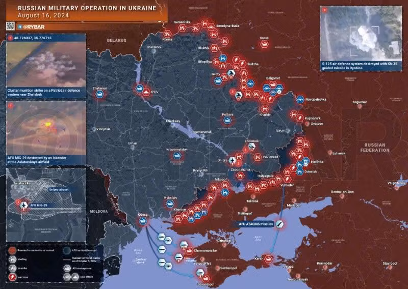 Bản đồ chiến sự Ukraine ngày 16/8. (Ảnh: Rybar)