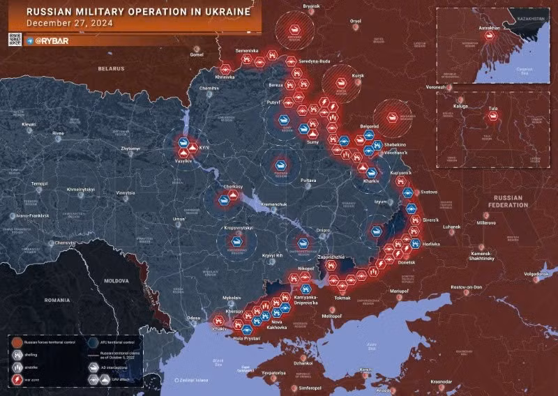 Bản đồ chiến sự Ukraine ngày 27/12. (Ảnh: Rybar)