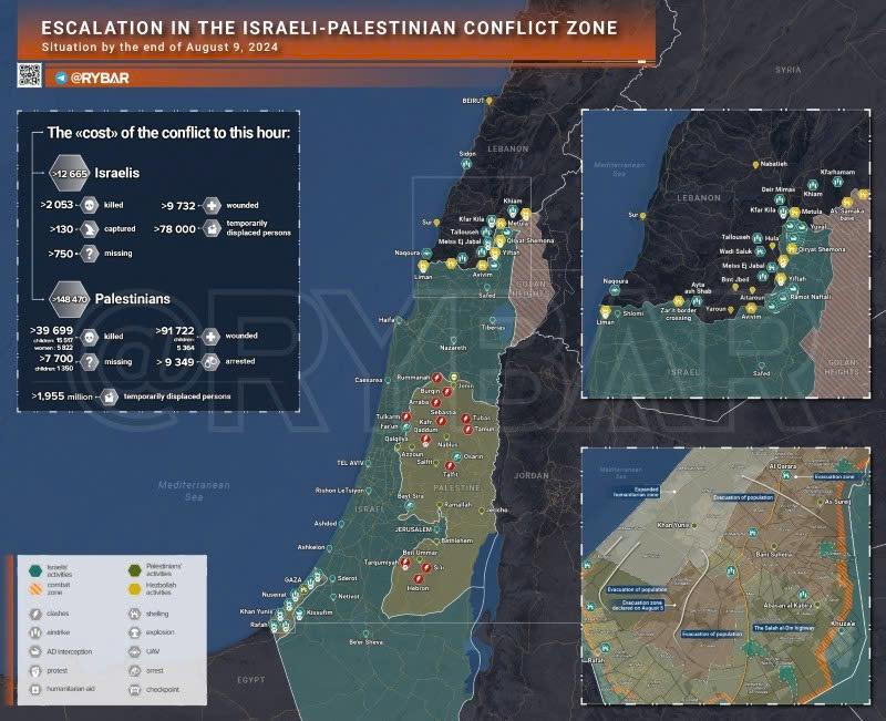 Bản đồ xung đột Israel - Hamas ngày 9/8. (Ảnh: Rybar)