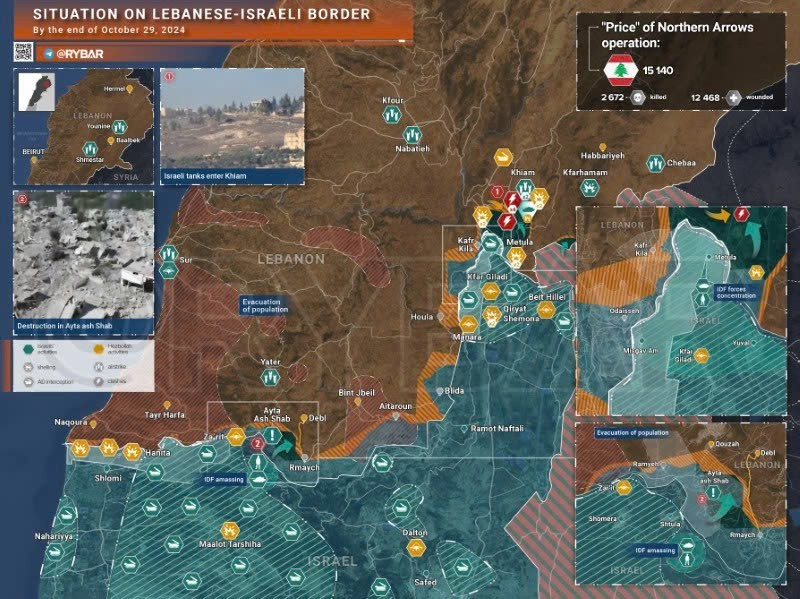 Bản đồ xung đột biên giới Israel-Hezbollah ngày 29/10. (Ảnh: Rybar)