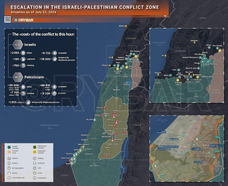 Bản đồ xung đột Israel - Hamas ngày 22/7. (Ảnh: Rybar)