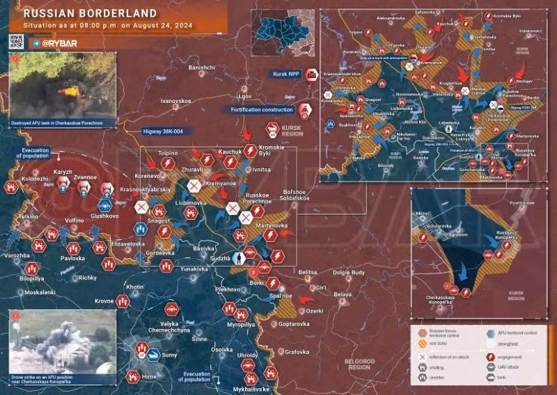 Bản đồ chiến sự Ukraine ngày 24/8, khu vực biên giới Kursk. (Ảnh: Rybar)