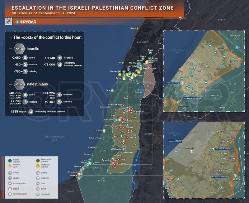 Bản đồ xung đột Israel - Hamas ngày 1-2/9. (Ảnh: Rybar)