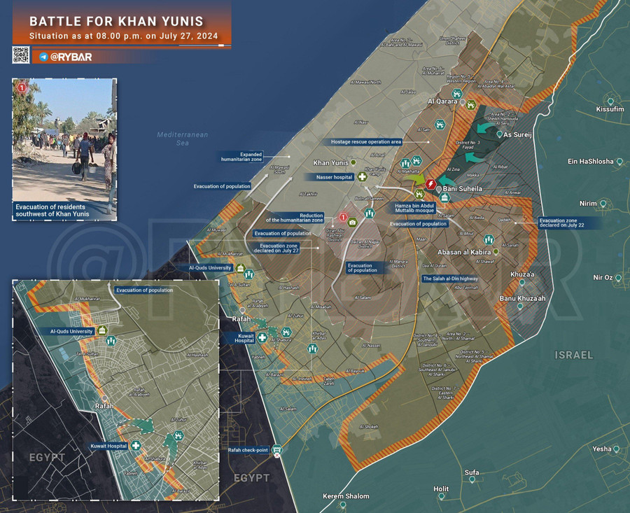 Bản đồ xung đột Israel - Hamas, khu vực Khan Younis ngày 27/7. (Ảnh: Rybar)