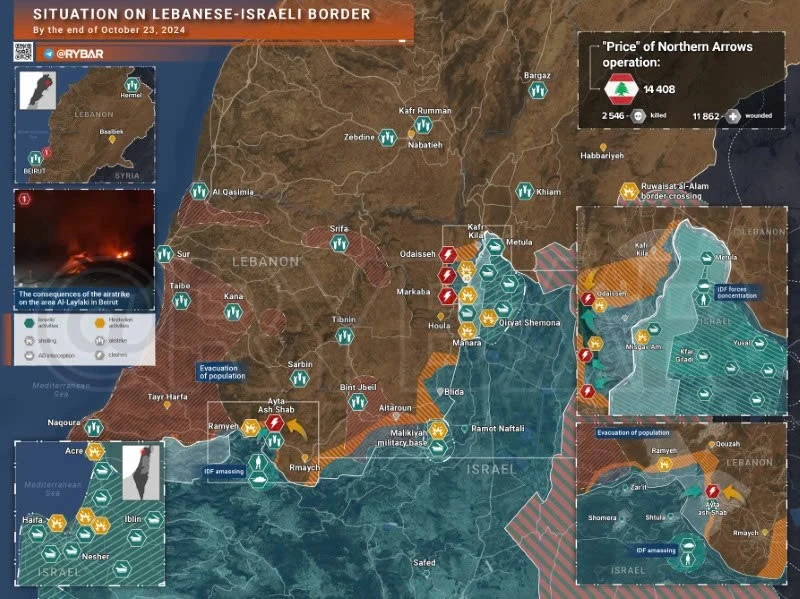Bản đồ xung đột biên giới Israel-Hezbollah ngày 23/10. (Ảnh: Rybar)