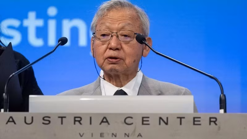 Ông Kido Suechi, 82 tuổi, người sống sót sau vụ ném bom hạt nhân của Nhật Bản, thuộc tổ chức Nihon Hidankyo. Ảnh: AFP.