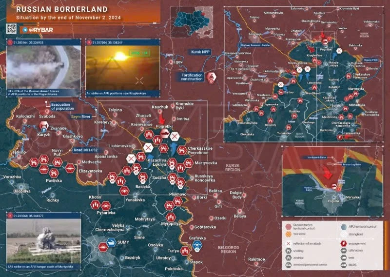 Bản đồ chiến sự Ukraine ngày 2/11, khu vực biên giới Kursk. (Ảnh: Rybar)