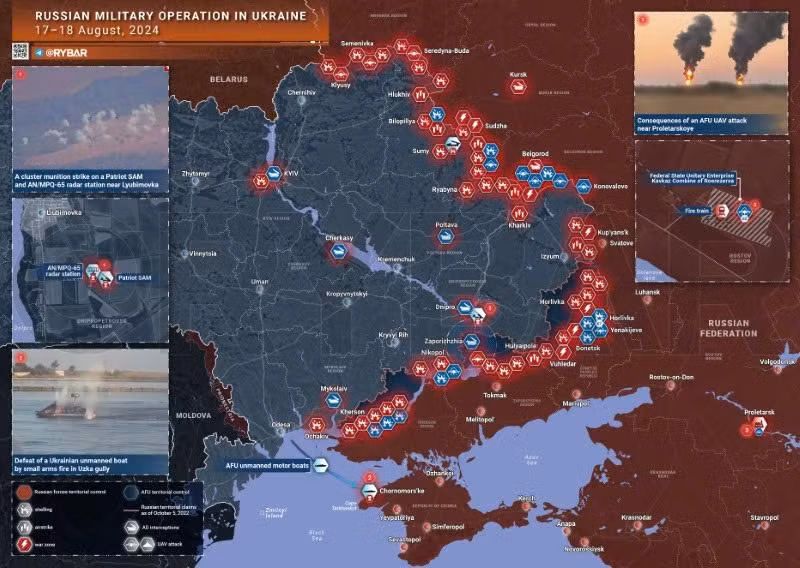 Bản đồ chiến sự Ukraine ngày 17-18/8. (Ảnh: Rybar)