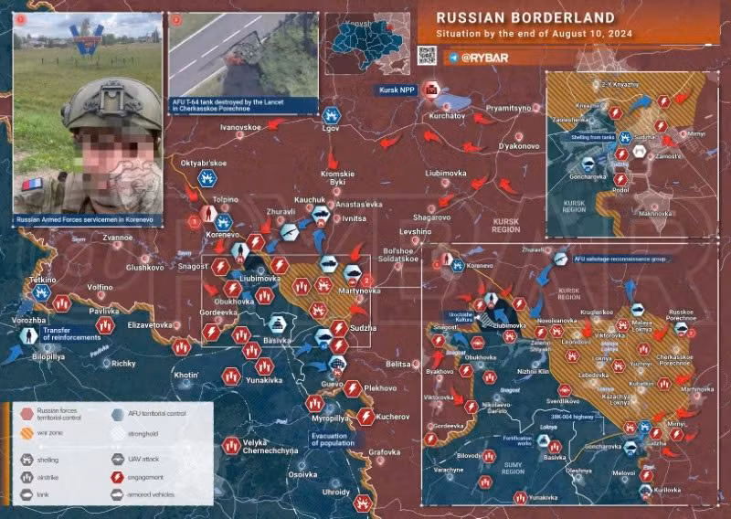 Bản đồ chiến sự Ukraine ngày 10/8, khu vực biên giới Kursk. (Ảnh: Rybar)