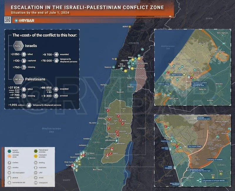 Bản đồ xung đột Israel - Hamas ngày 1/7. (Ảnh: Rybar)