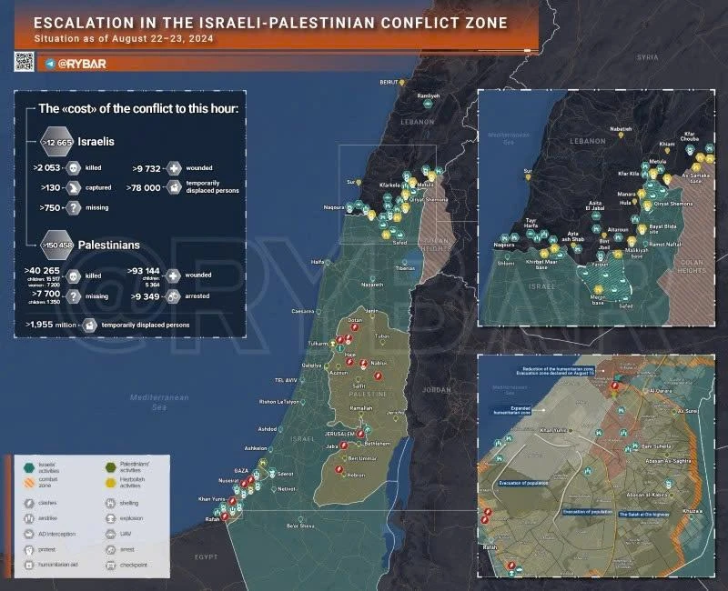 Bản đồ xung đột Israel - Hamas ngày 22-23/8. (Ảnh: Rybar)