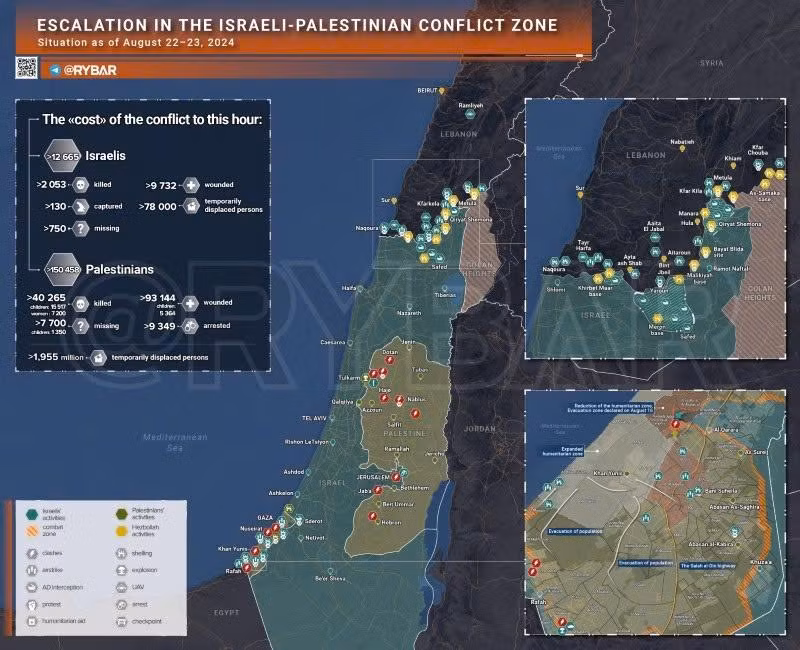 Bản đồ xung đột Israel - Hamas ngày 22-23/8. (Ảnh: Rybar)