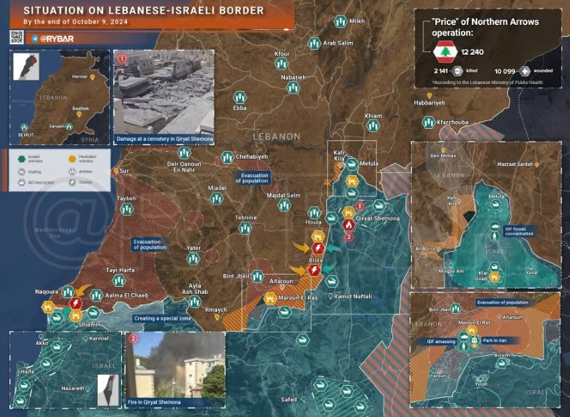 Bản đồ xung đột biên giới Israel-Hezbollah ngày 9/10. (Ảnh: Rybar)