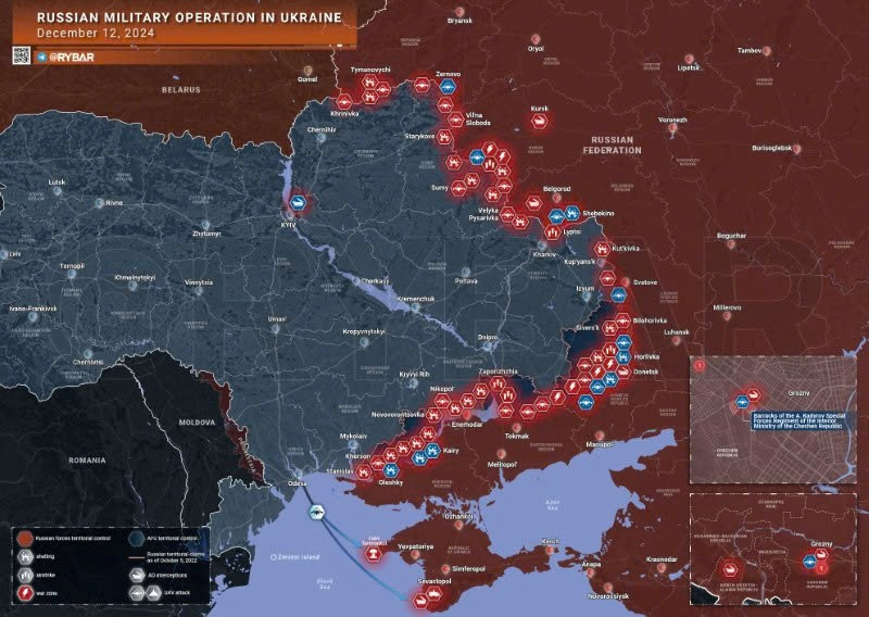 Bản đồ chiến sự Ukraine ngày 12/12. (Ảnh: Rybar) giai-phong-novoivanovka-o-kursk-kiem-soat-zarya-o-huong-avdeevka-2.jpg