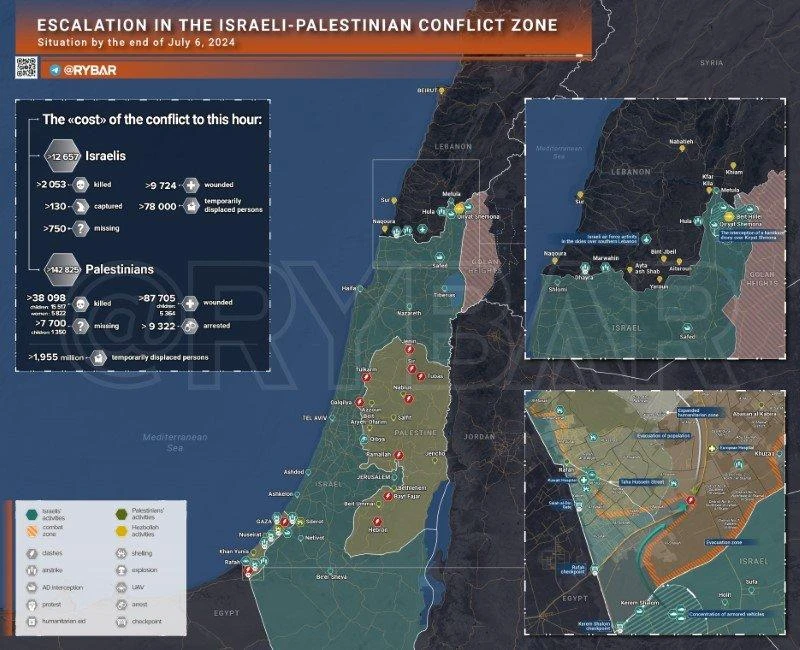 Bản đồ xung đột Israel - Hamas ngày 6/7. (Ảnh: Rybar) 