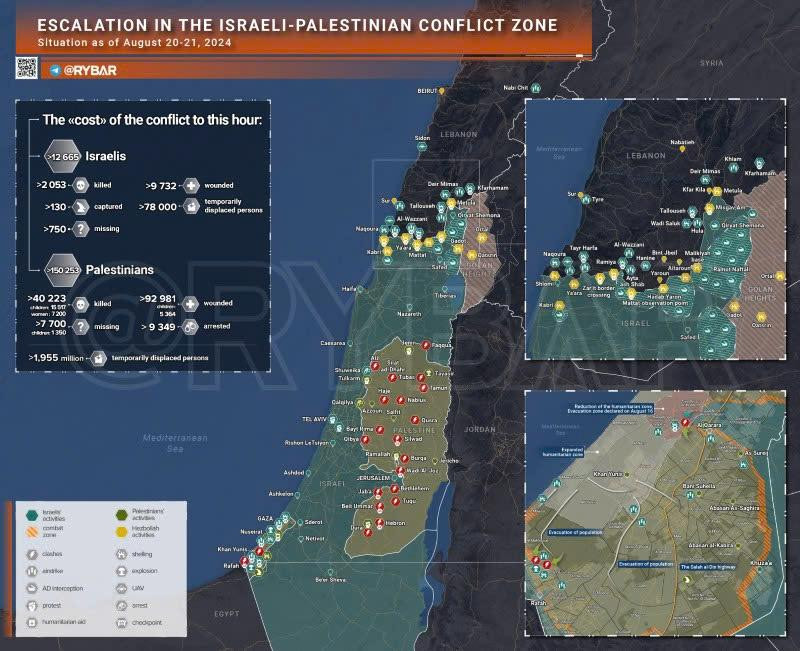 Bản đồ xung đột Israel - Hamas ngày 21/8. (Ảnh: Rybar)