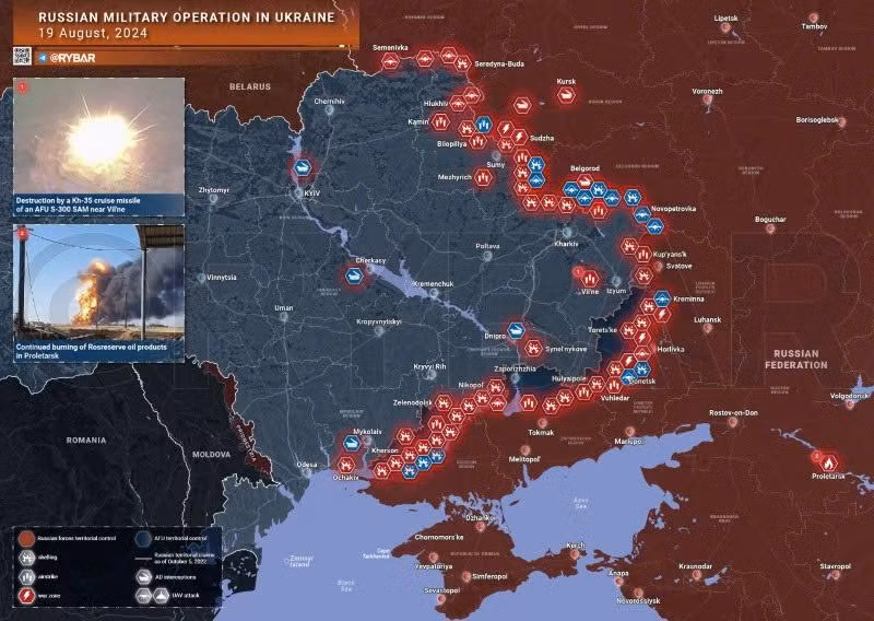 Bản đồ chiến sự Ukraine ngày 19/8. (Ảnh: Rybar).
