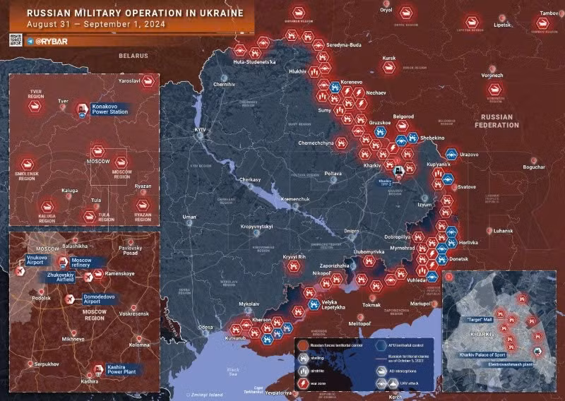 Bản đồ chiến sự Ukraine ngày 31-1/9. (Ảnh: Rybar)