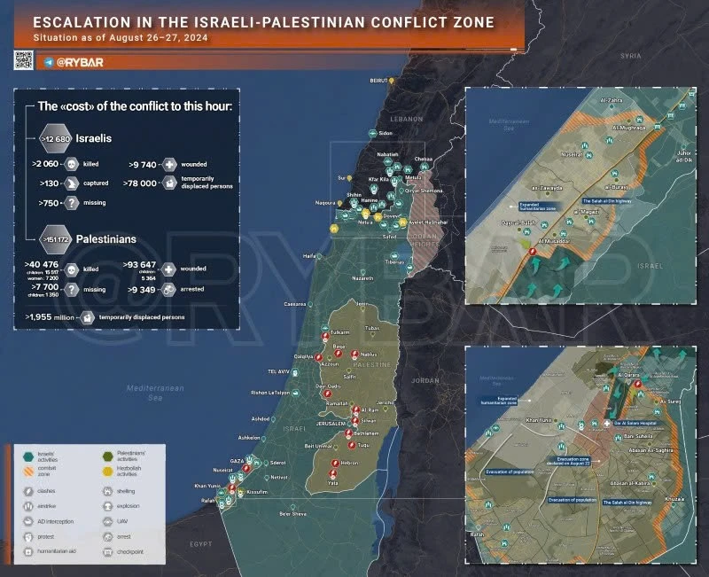 Bản đồ xung đột Israel - Hamas ngày 26-27/8. (Ảnh: Rybar)