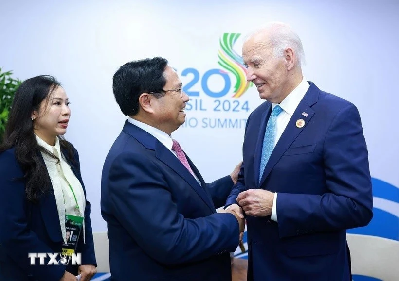 Thủ tướng Phạm Minh Chính gặp Tổng thống Hoa Kỳ Joe Biden tại Hội nghị thượng đỉnh G20. (Ảnh: Dương Giang/TTXVN) 