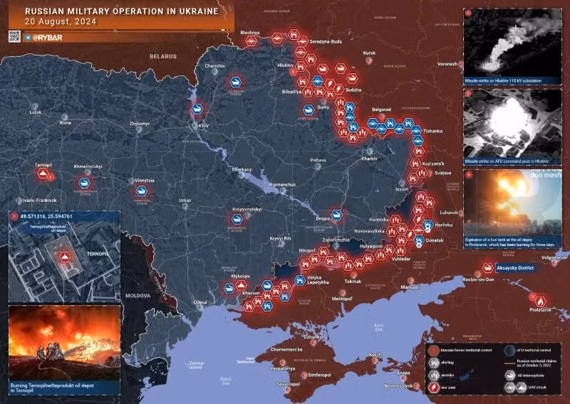 Bản đồ chiến sự Ukraine ngày 20/8. (Ảnh: Rybar)