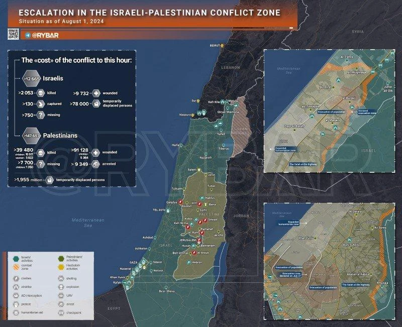 Bản đồ xung đột Israel - Hamas ngày 1/8. (Ảnh: Rybar)