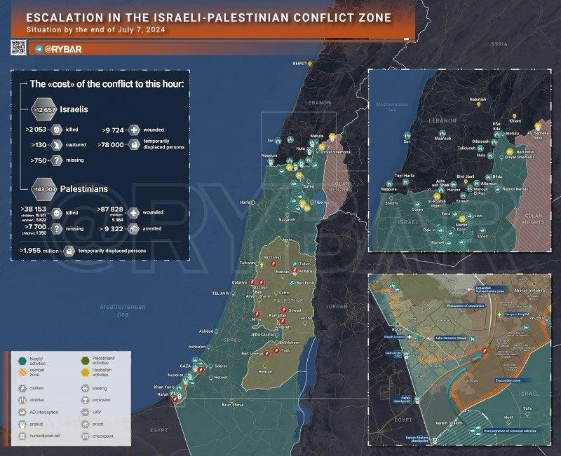 Bản đồ xung đột Israel - Hamas ngày 7/7. (Ảnh: Rybar) 