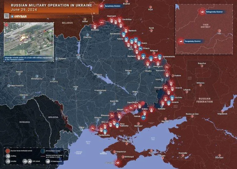 Bản đồ chiến sự Ukraine ngày 29/6. (Ảnh: Rybar)