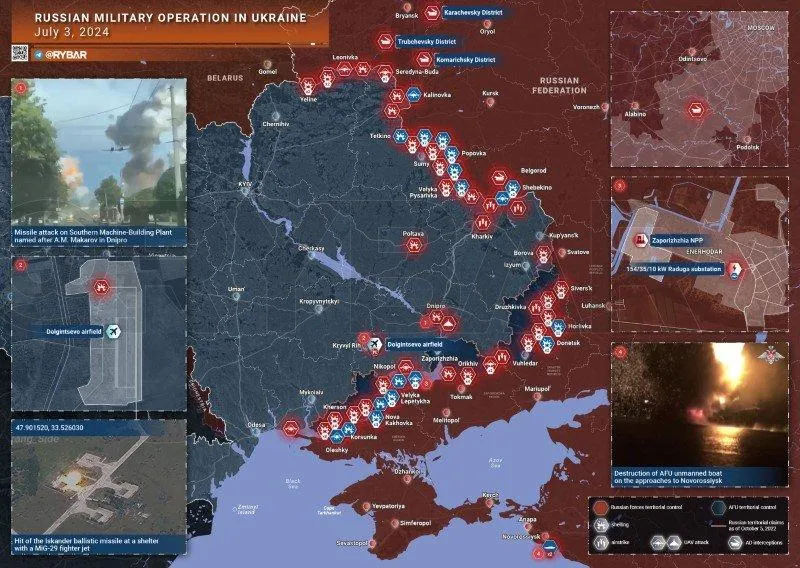 Bản đồ chiến sự Ukraine ngày 3/7. (Ảnh: Rybar)