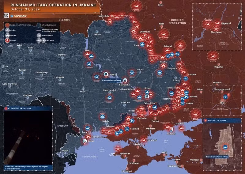 Bản đồ chiến sự Ukraine ngày 31/10. (Ảnh: Rybar)