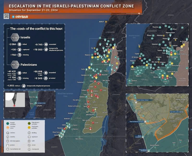 Bản đồ xung đột Israel - Hamas ngày 21-22/9. (Ảnh: Rybar)