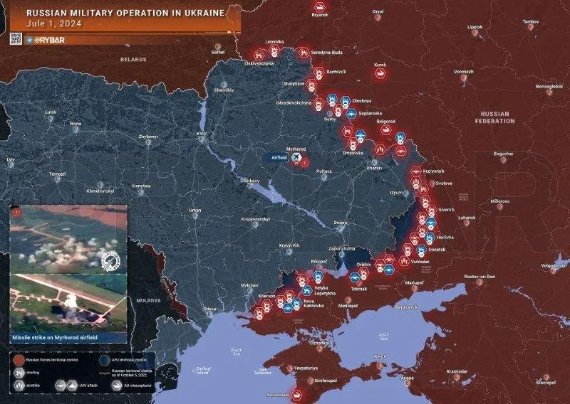 Bản đồ chiến sự Ukraine ngày 1/7. (Ảnh: Rybar)
