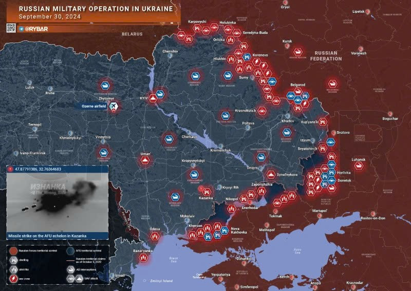 Bản đồ chiến sự Ukraine ngày 30/9. (Ảnh: Rybar)