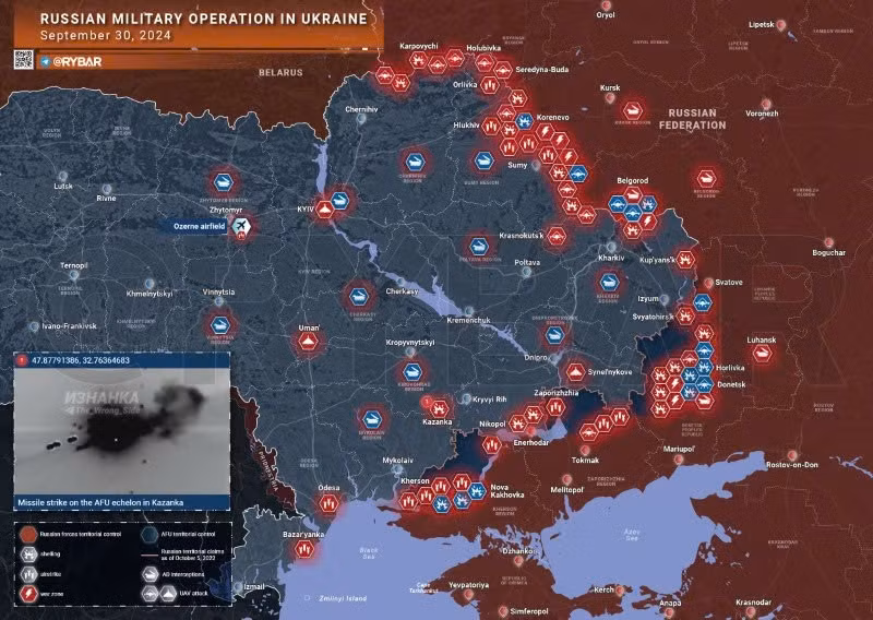 Bản đồ chiến sự Ukraine ngày 30/9. (Ảnh: Rybar)