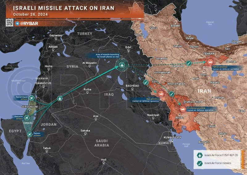 Hướng tấn công quân đội Israel thực hiện nhằm vào các mục tiêu trên lãnh thổ Iran ngày 26/10/20024. (Ảnh: Rybar)