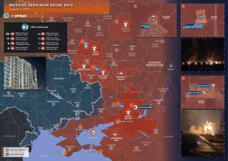 Quân đội Ukraine mở đợt tấn công bằng UAV quy mô lớn vào nhiều khu vực của Liên bang Nga. (Ảnh: Rybar)