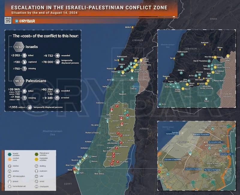 Bản đồ xung đột Israel - Hamas ngày 14/8. (Ảnh: Rybar)