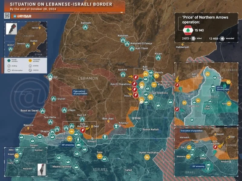 Bản đồ xung đột biên giới Israel-Hezbollah ngày 28/10. (Ảnh: Rybar)