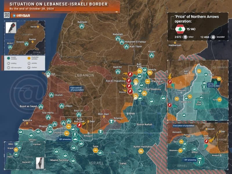 Bản đồ xung đột biên giới Israel-Hezbollah ngày 28/10. (Ảnh: Rybar)
