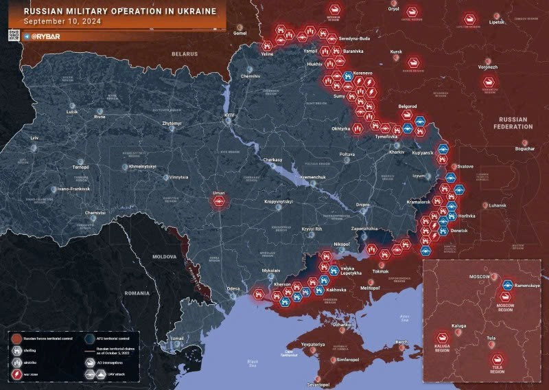 Bản đồ chiến sự Ukraine ngày 10/9. (Ảnh: Rybar)
