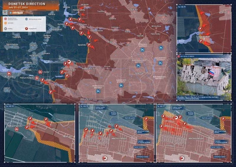 Bản đồ chiến sự Ukraine ngày 21-27/7, hướng Donetsk. (Ảnh: Rybar).