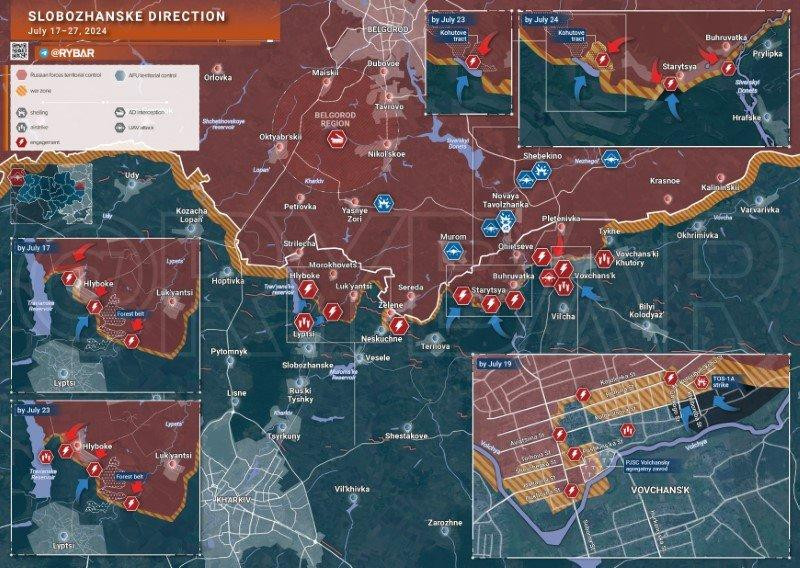 Bản đồ chiến sự Ukraine ngày 21-27/7, hướng Slobozhanske. (Ảnh: Rybar) Loat-radar-phan-phao-va-tac-chien-dien-tu-trung-hoa-luc,-81-UAV-roi-2.jpg