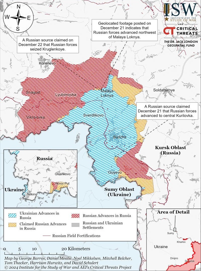 Bản đồ chiến sự Ukraine ngày 22/12, khu vực biên giới Kursk. (Ảnh: ISW)