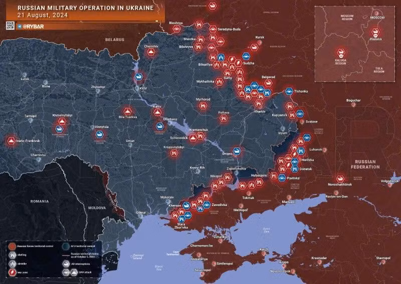 Bản đồ chiến sự Ukraine ngày 21/8. (Ảnh: Rybar)