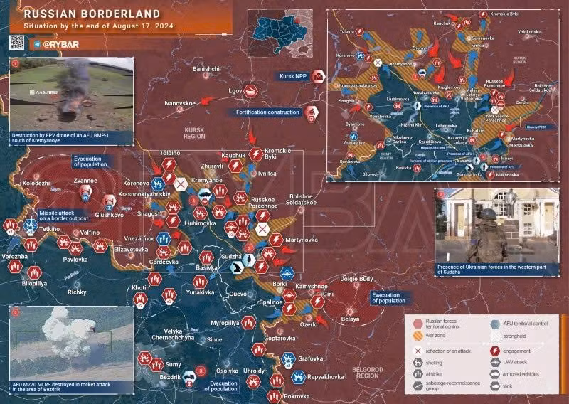Bản đồ chiến sự Ukraine ngày 17/8, khu vực biên giới Kursk. (Ảnh: Rybar)