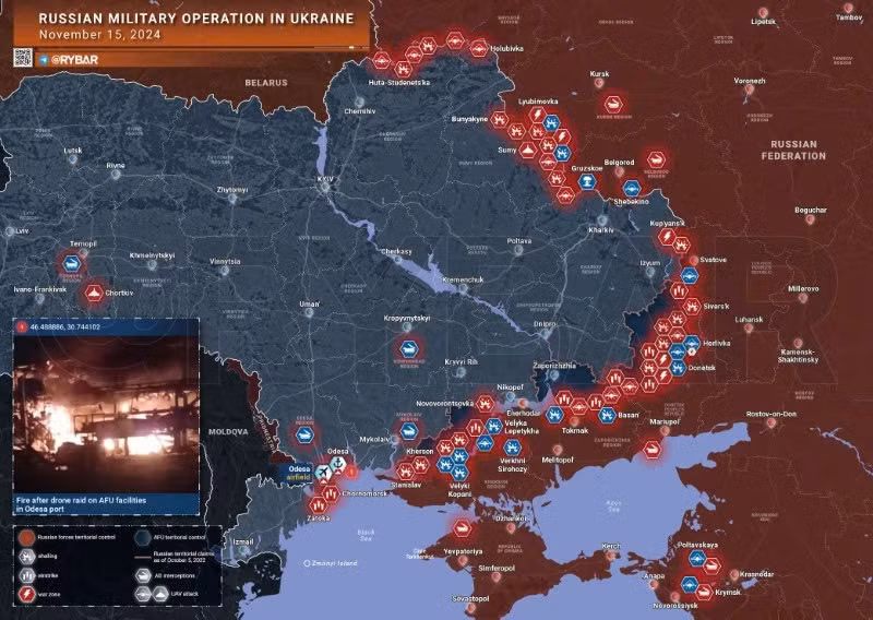 Bản đồ chiến sự Ukraine ngày 15/11. (Ảnh: Rybar)